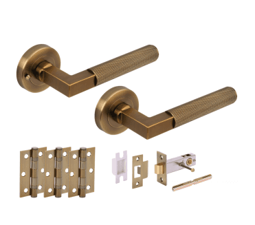 Hunta Modena Knurled Lever On Round Rose Privacy Latch Pack (x3 76mm hinges) - Antique Brass