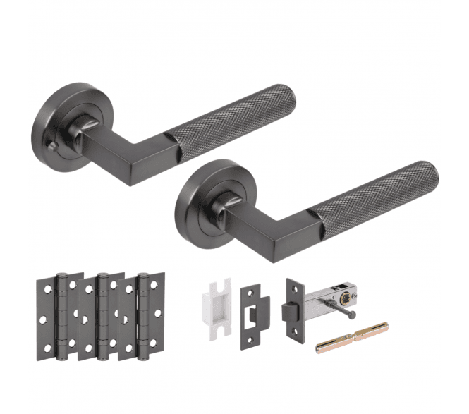 Hunta Modena Knurled Lever On Round Rose Privacy Latch Pack (x3 76mm hinges) - Gun Metal