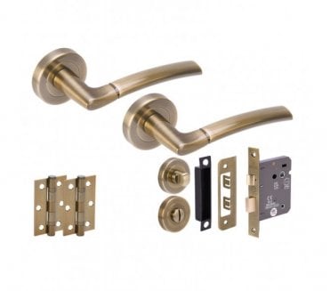 Hunta Nemo Antique Brass Door Handle Bathroom Pack (x2 hinges)