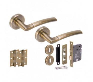 Hunta Nemo Antique Brass Door Handle Lock Pack (x2 hinges)