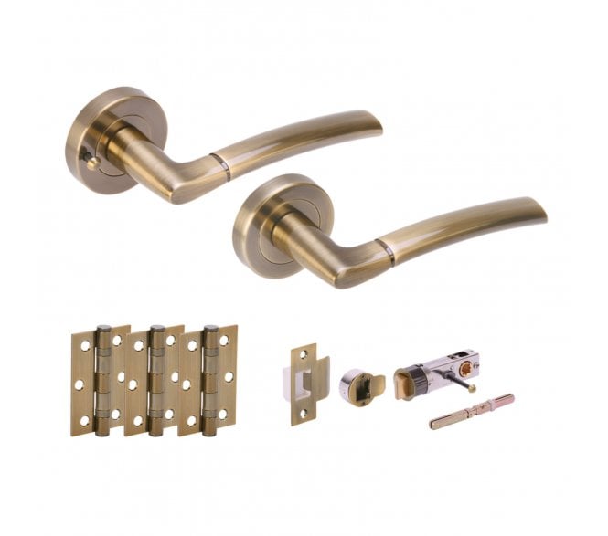 Hunta Nemo Antique Brass Privacy Door Handle Bullet Latch Pack (x3 hinges)