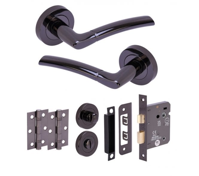 Hunta Nemo Black Nickel Door Handle Bathroom Pack (x2 hinges)