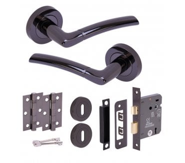 Hunta Nemo Black Nickel Door Handle Lock Pack (x2 hinges)