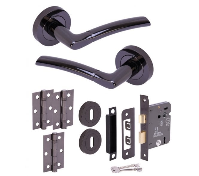 Hunta Nemo Black Nickel Door Handle Lock Pack (x3 hinges)