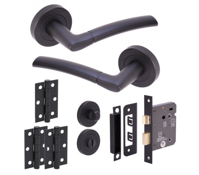 Hunta Nemo Matt Black Door Handle Bathroom Pack (x3 hinges)