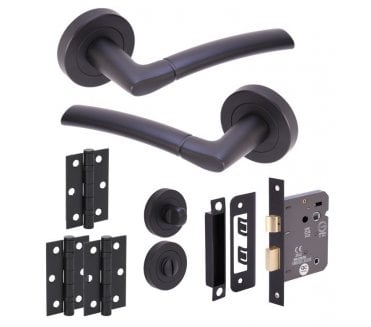 Hunta Nemo Matt Black Door Handle Bathroom Pack (x3 hinges)