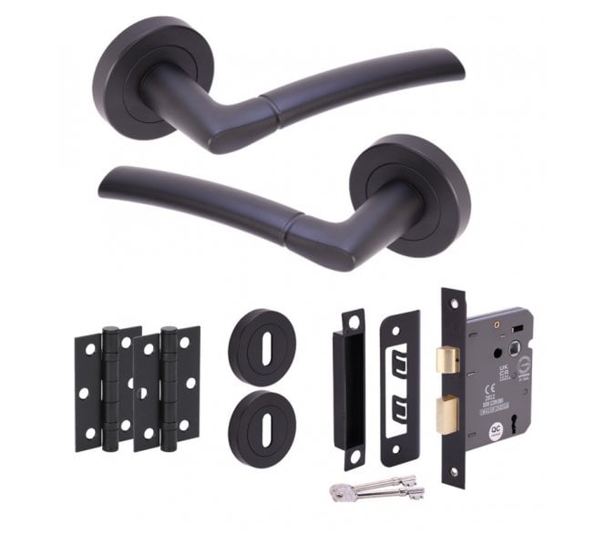 Hunta Nemo Matt Black Door Handle Lock Pack (x2 hinges)