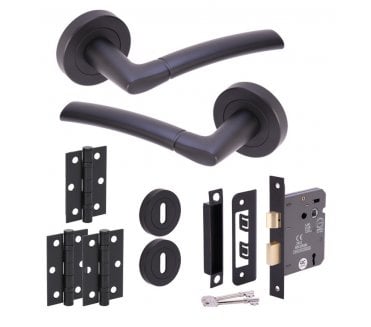 Hunta Nemo Matt Black Door Handle Lock Pack (x3 hinges)