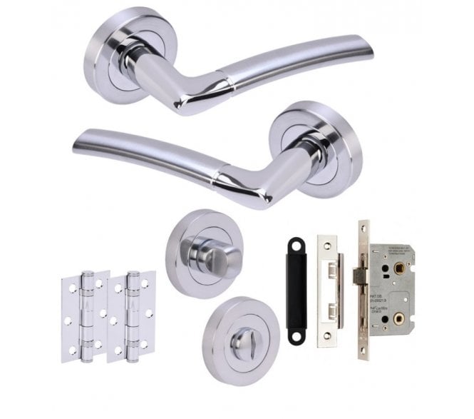 Hunta Nemo Polished/Satin Chrome Door Handle Bathroom Pack (x2 hinges)