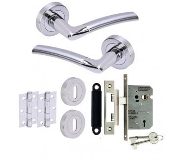 Hunta Nemo Polished/Satin Chrome Door Handle Lock Pack (x2 hinges)