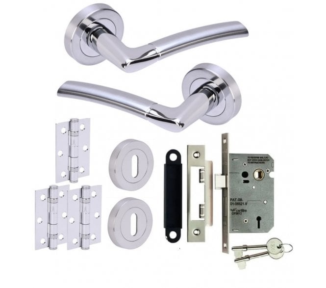 Hunta Nemo Polished/Satin Chrome Door Handle Lock Pack (x3 hinges)