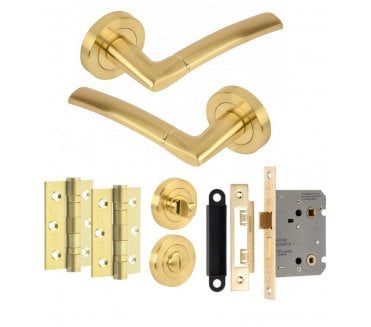 Hunta Nemo Satin Brass Door Handle Bathroom Pack (x2 hinges)