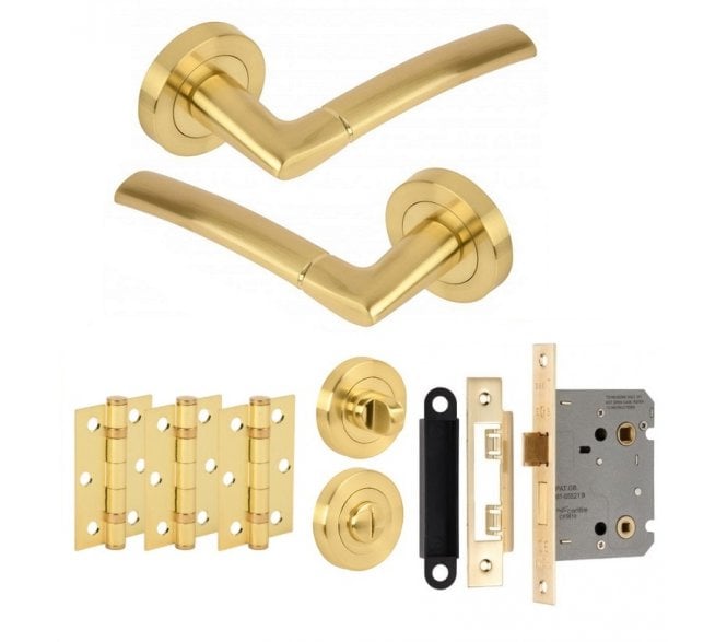 Hunta Nemo Satin Brass Door Handle Bathroom Pack (x3 hinges)