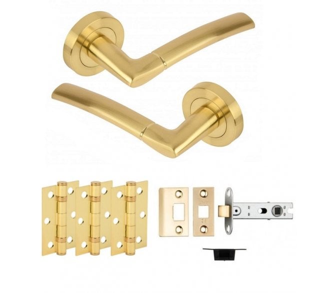 Hunta Nemo Satin Brass Door Handle Latch Pack (x3 hinges)