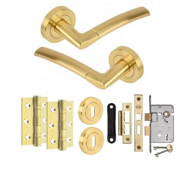 Hunta Nemo Satin Brass Door Handle Lock Pack (x2 hinges)