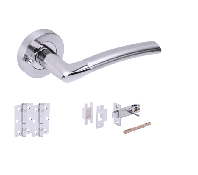 Hunta Nemo Satin Chrome/Polished Chrome Privacy Door Handle Latch Pack (x2 hinges)