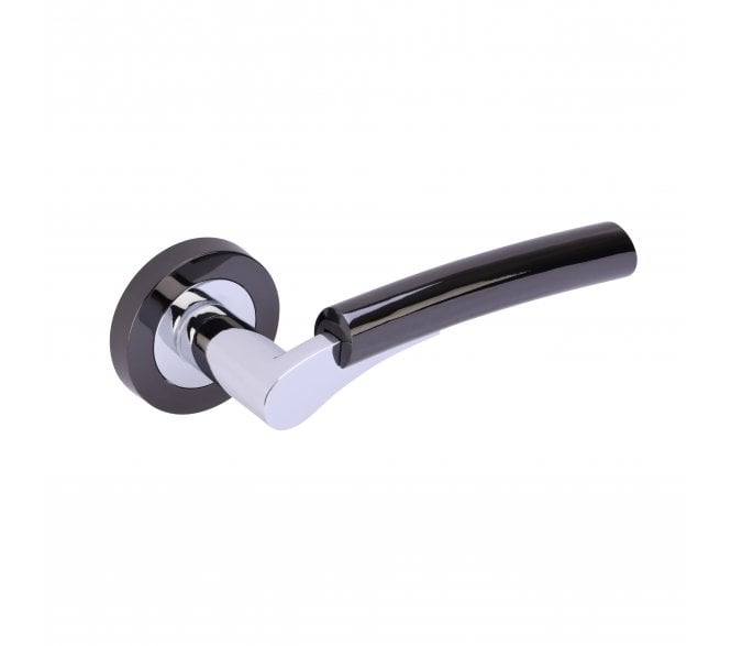 Hunta Raida Door Handle on Rose - Black Nickel/Polished Chrome