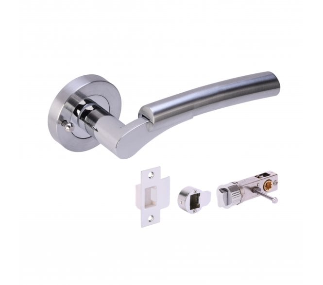 Hunta Raida Privacy Door Handle on Rose W/Privacy Bullet Latch - Satin Chrome/Polished Chrome