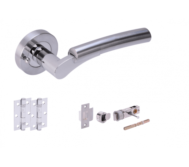 Hunta Raida Satin Chrome/Polished Chrome Privacy Door Handle Bullet Latch Pack (x2 hinges)