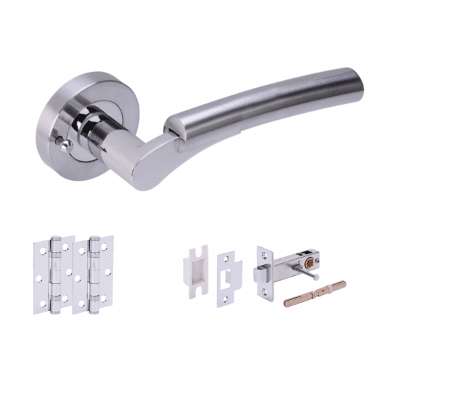Hunta Raida Satin Chrome/Polished Chrome Privacy Door Handle Latch Pack (x2 hinges)