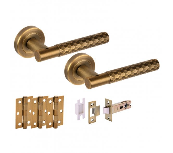 Hunta Roca Door Handle Latch Pack (x3 76mm Hinges) - Matt Antique Brass