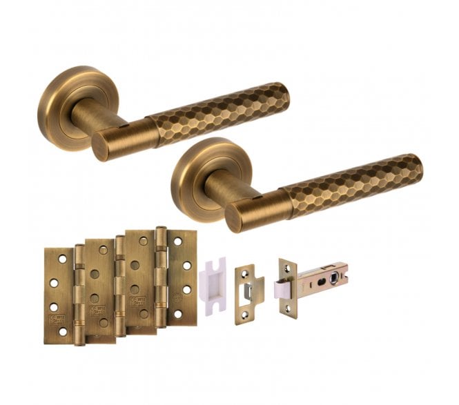 Hunta Roca Fire Rated Door Handle Latch Pack (x3 102mm Hinges) - Matt Antique Brass