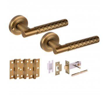Hunta Roca Privacy Door Handle Latch Pack (x3 76mm Hinges) - Matt Antique Brass