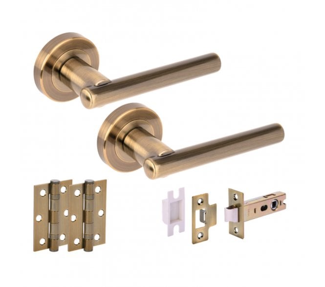 Hunta SOLUS Door Handle Latch Pack (x2 76mm hinges) - Antique Brass