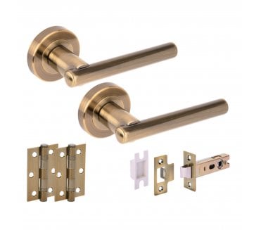 Hunta SOLUS Door Handle Latch Pack (x2 76mm hinges) - Antique Brass