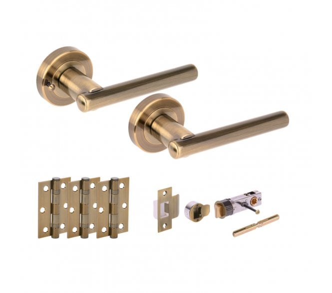 Hunta SOLUS Privacy Door Handle Bullet Latch Pack (x3 76mm hinges) - Antique Brass