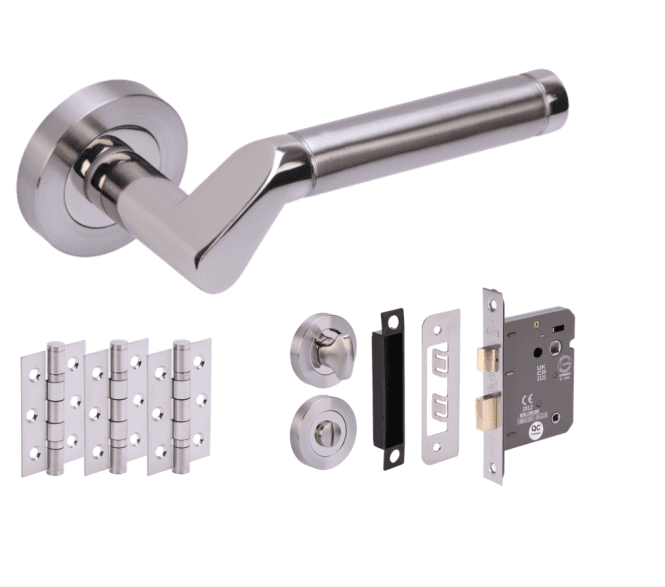 Hunta Tucana Polished/Satin Nickel Door Handle Bathroom Pack (3x hinges)