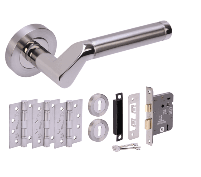 Hunta Tucana Polished/Satin Nickel Fire Door Handle Lock Pack (3x hinges)