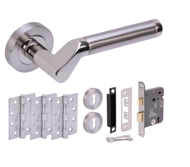 Hunta Tucana Polished/Satin Nickel Fire Door Handle Lock Pack (3x hinges)