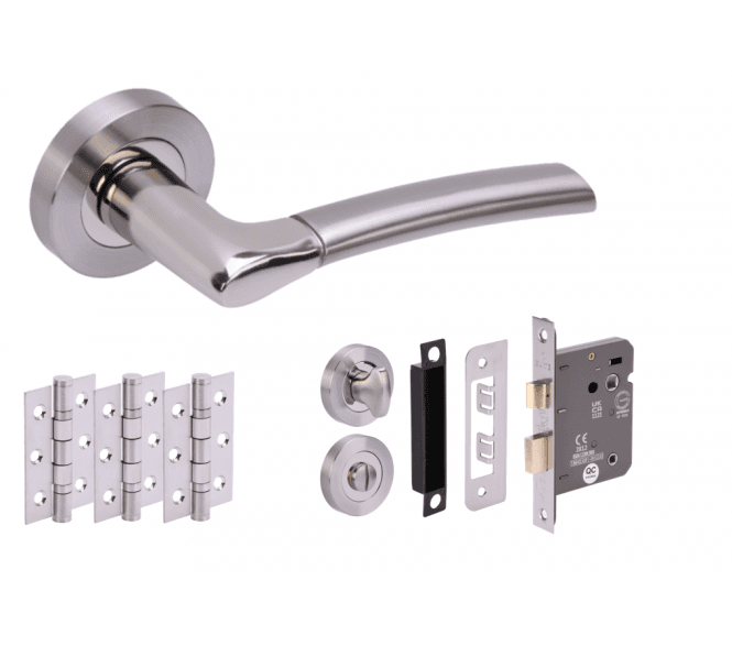 Hunta Ursa Polished/Satin Nickel Bathroom Door Handle Lock Pack (3x hinges)