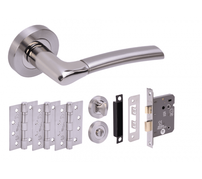 Hunta Ursa Polished/Satin Nickel Fire Rated Door Handle Bathroom Pack (3x hinges)