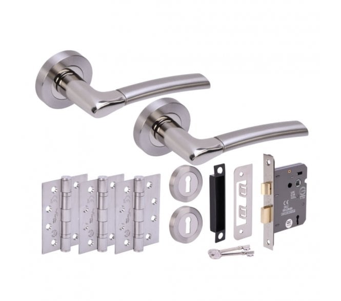 Hunta Ursa Polished/Satin Nickel Fire Rated Door Handle Lock Pack (3x hinges)
