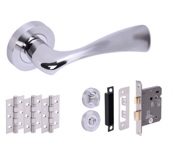 Hunta Volans Polished/Satin Chrome Door Handle Bathroom Pack (x3 hinges)