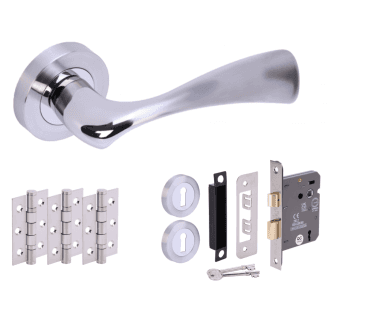 Hunta Volans Polished/Satin Chrome Door Handle Lock Pack (x3 hinges)
