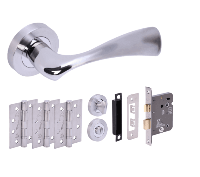 Hunta Volans Polished/Satin Chrome Fire Rated Door Handle Bathroom Pack (x3 hinges)