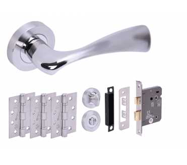 Hunta Volans Polished/Satin Chrome Fire Rated Door Handle Bathroom Pack (x3 hinges)