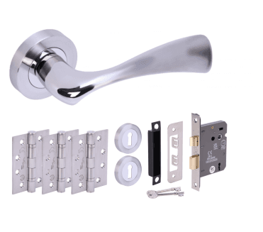 Hunta Volans Polished/Satin Chrome Fire Rated Door Handle Lock Pack (x3 hinges)
