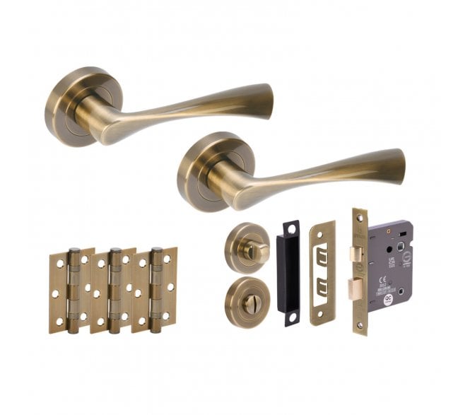 Hunta Zena Antique Brass Door Handle Bath Pack (3x Hinges)