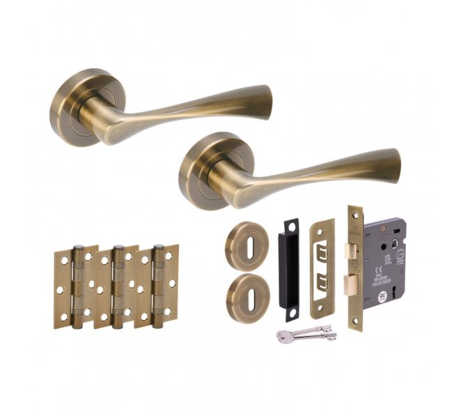 Hunta Zena Antique Brass Door Handle Lock Pack (3x Hinges)