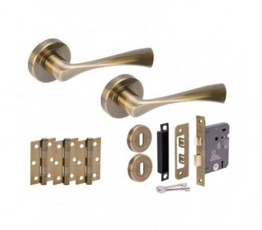 Hunta Zena Antique Brass Door Handle Lock Pack (3x Hinges)