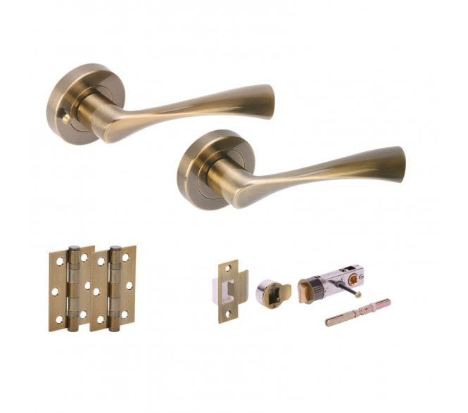 Hunta Zena Antique Brass Privacy Door Handle Bullet Latch Pack (x2 hinges)