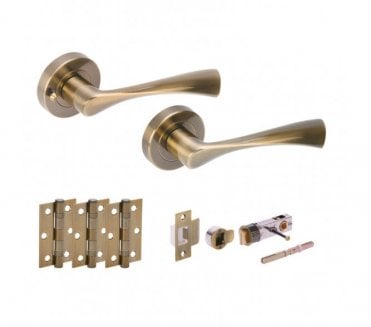 Hunta Zena Antique Brass Privacy Door Handle Bullet Latch Pack (x3 hinges)