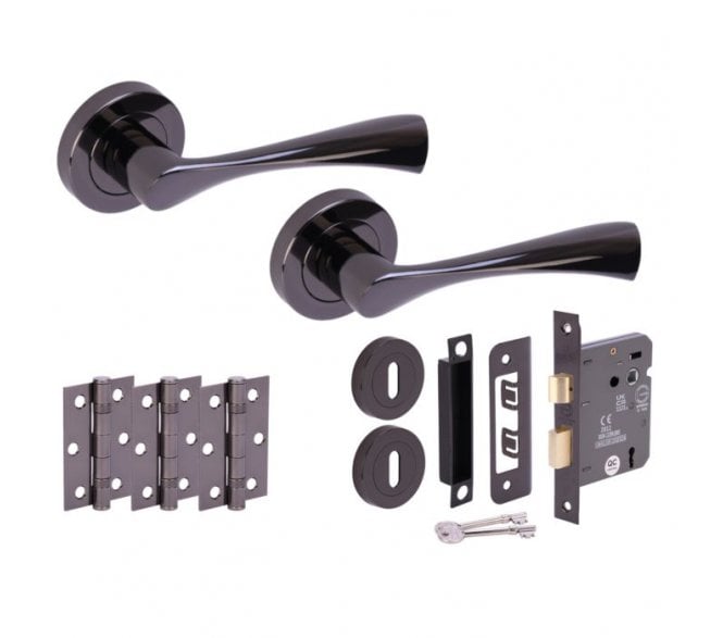 Hunta Zena Black Nickel Door Handle Lock Pack (3x Hinges)