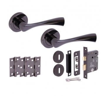 Hunta Zena Black Nickel Door Handle Lock Pack (3x Hinges)
