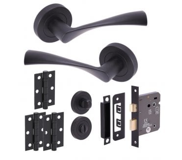 Hunta Zena Matt Black Door Handle Bath Pack (3x Hinges)