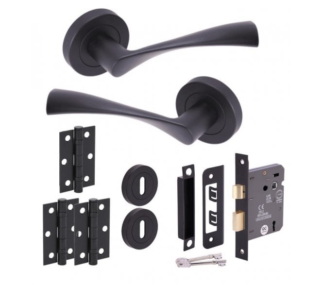 Hunta Zena Matt Black Door Handle Lock Pack (3x Hinges)